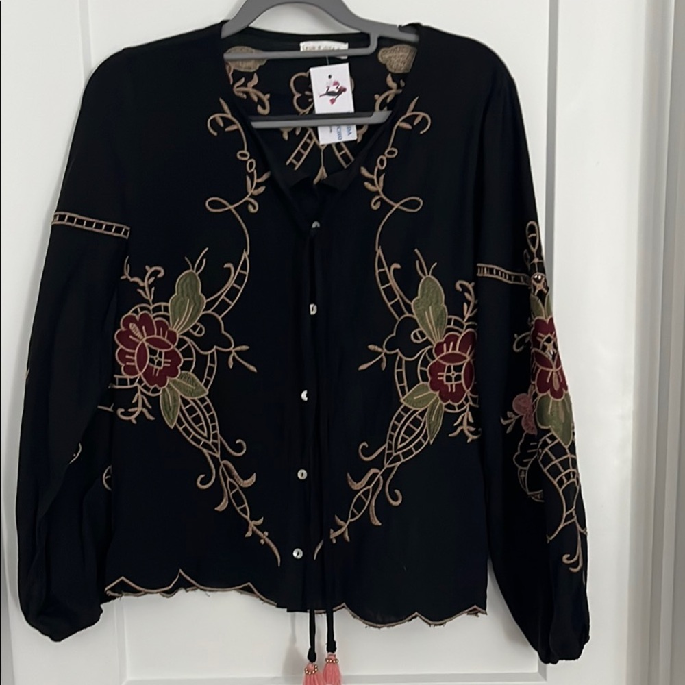 Black, NWT long sleeve cotton shirt with embroidery